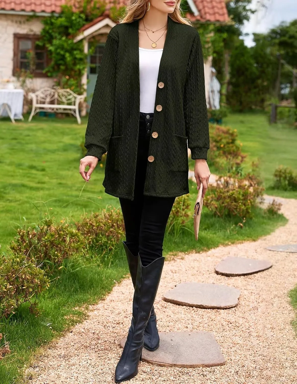 LARACE Open Front Cardigan for Women Cable Knit Sweater with Pockets Plus Size Long Sleeve Tops Button Down Winter Coat