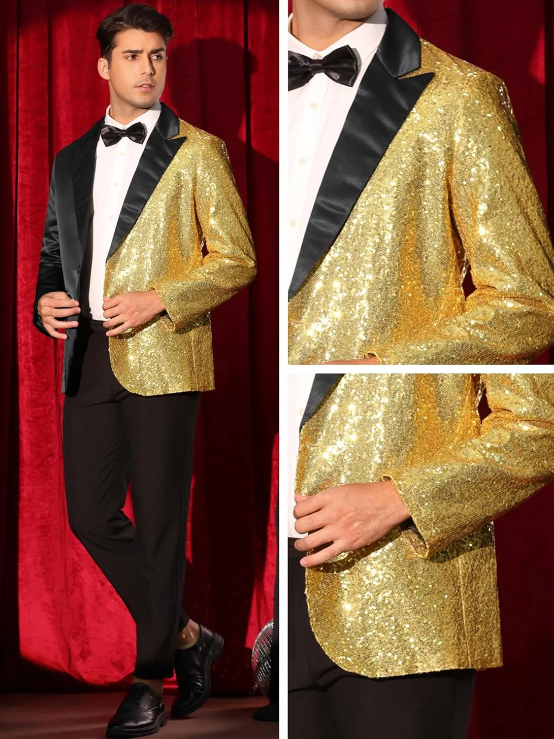 Lars Amadeus Sequin Blazers for Men's Color Block Peak Lapel Tuxedo Sparkly Patchwork Suit Jacket
