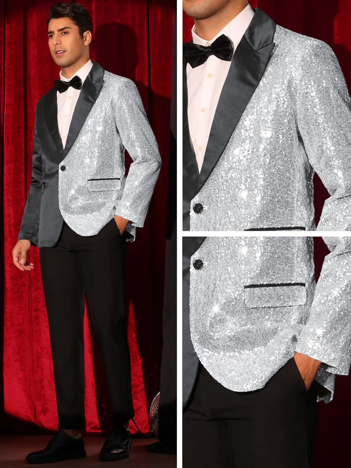 Lars Amadeus Sequin Blazers for Men's Color Block Peak Lapel Tuxedo Sparkly Patchwork Suit Jacket