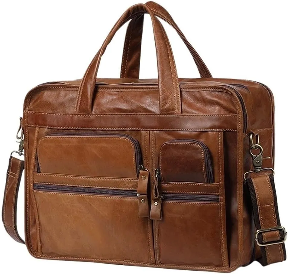 Leather Satchel Bag Retro Shoulder 15.6 Inch Laptop Compartment Tote Waterproof Computer Briefcase for Travel