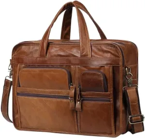 Leather Satchel Bag Retro Shoulder 15.6 Inch Laptop Compartment Tote Waterproof Computer Briefcase for Travel