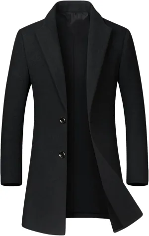 Maiyifu-GJ Men's Mid-Length Single Breasted Coat Notch Lapel Slim Top Pea Coats Winter Windproof Business Trench Overcoat