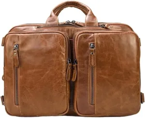 Mens 15 Inch Laptop Briefcase Vintage Leather Waterproof Business Travel Vacation Commuter Bag with Padded Strap