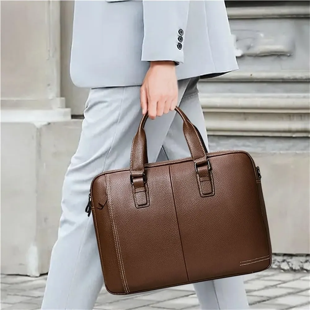 Mens Business Travel Laptop Bag 14 Inch Waterproof Vintage Leather Messenger Briefcase Vacation Work Office