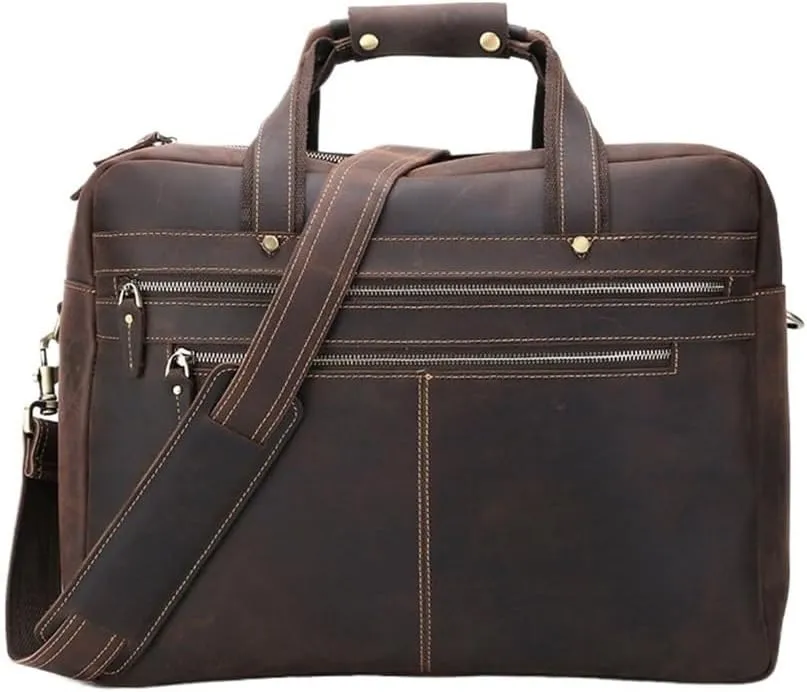 Mens Leather Briefcase 17 Inch Waterproof Vintage Business Travel Vacation Office Laptop Bag Multiple Pockets