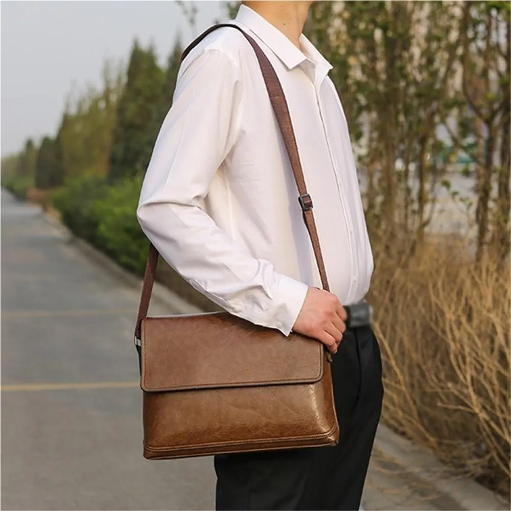 Men's Leather Travel Messenger Bag for Business with Laptop Compartment Satchel Computer Briefcase Water