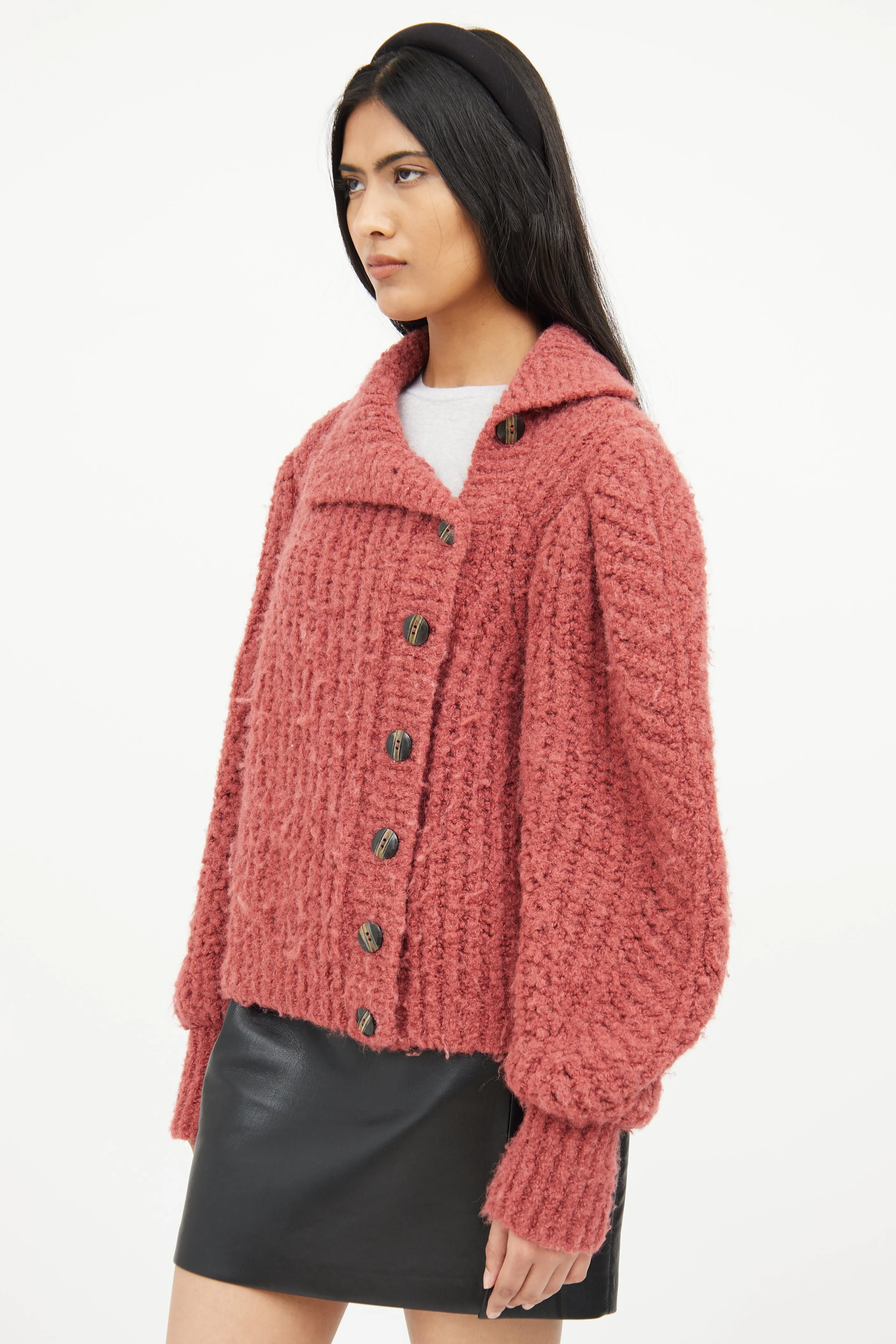 Red Knit Wool Button Cardigan