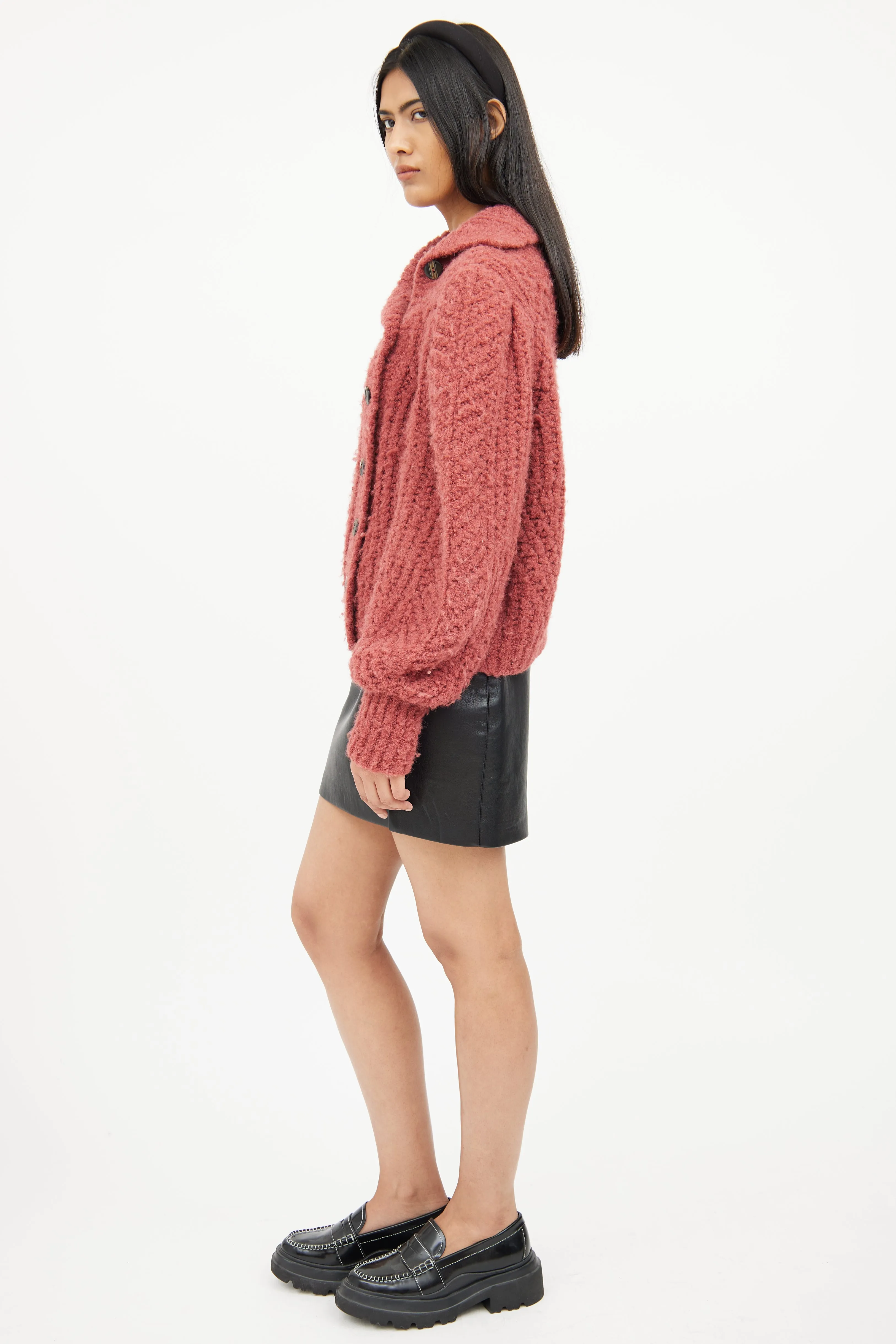 Red Knit Wool Button Cardigan
