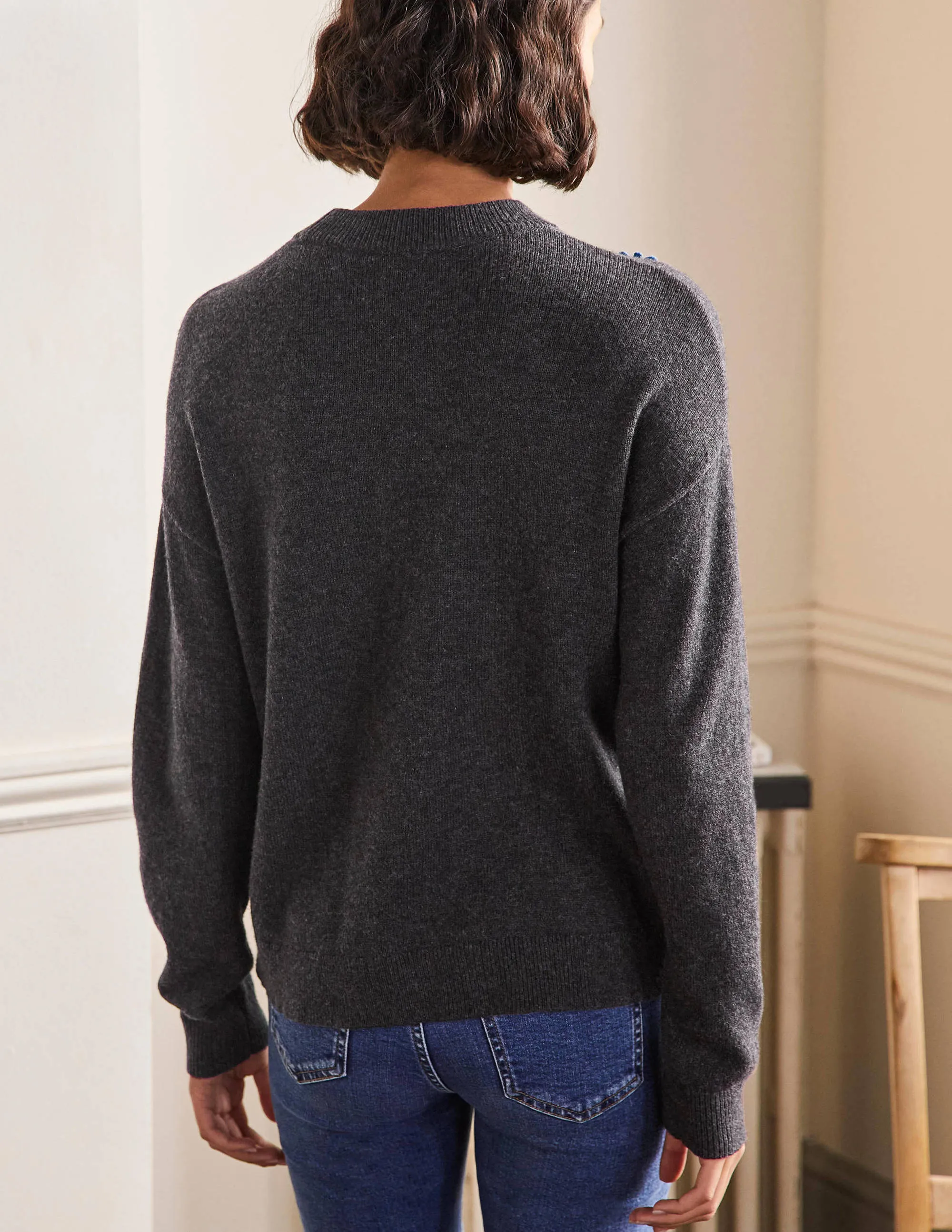 Relaxed Embroidered Jumper-Charcoal Melange, Sunflower