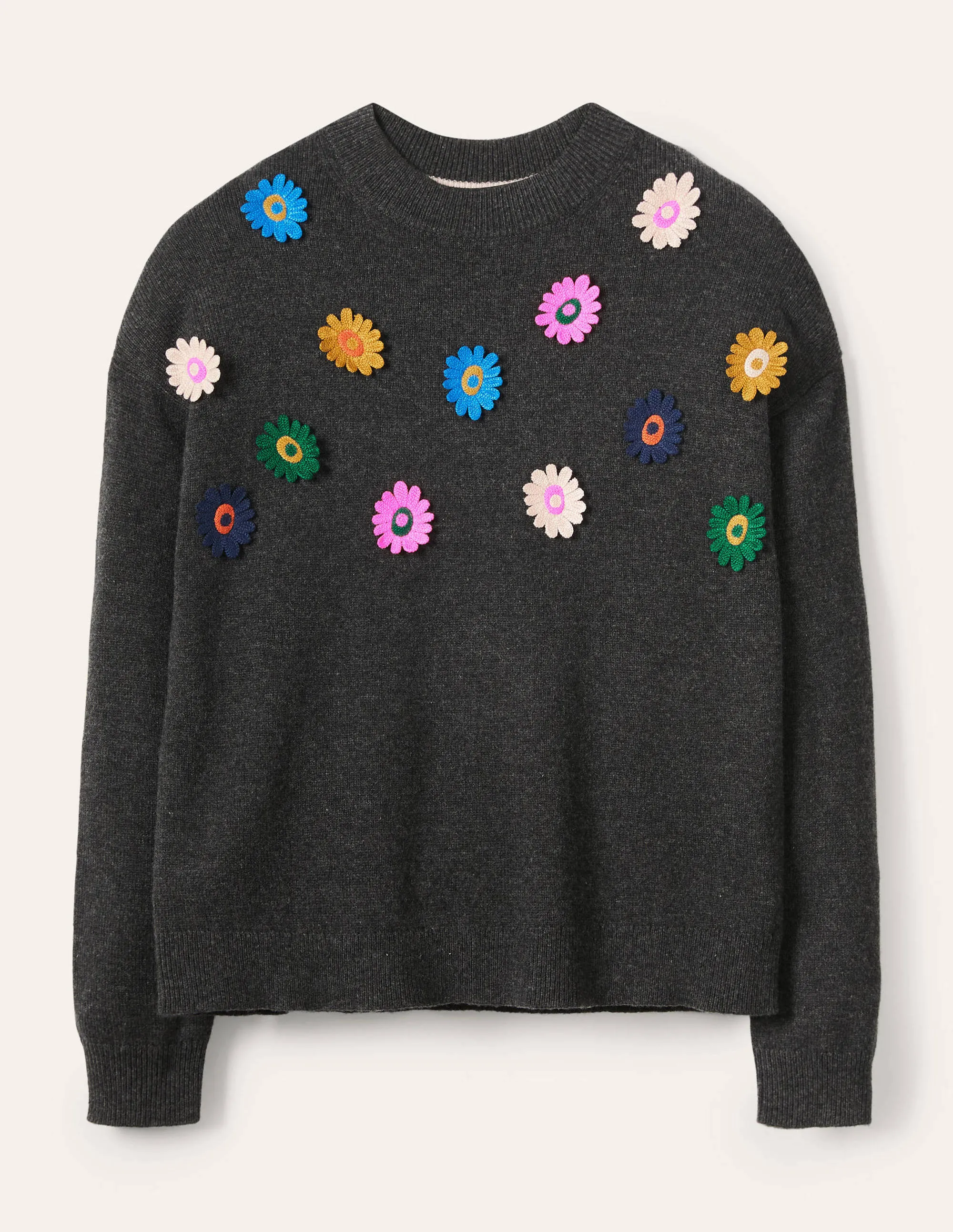 Relaxed Embroidered Jumper-Charcoal Melange, Sunflower