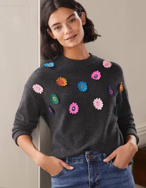 Relaxed Embroidered Jumper-Charcoal Melange, Sunflower