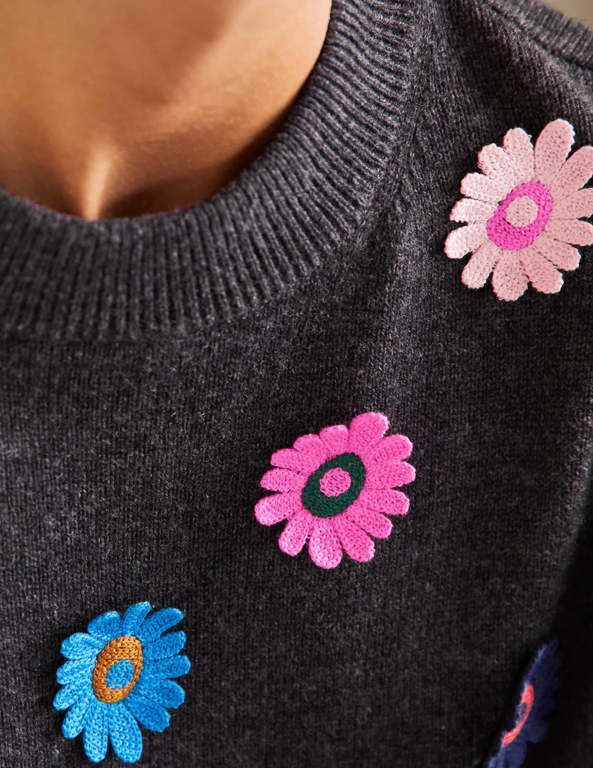 Relaxed Embroidered Jumper-Charcoal Melange, Sunflower