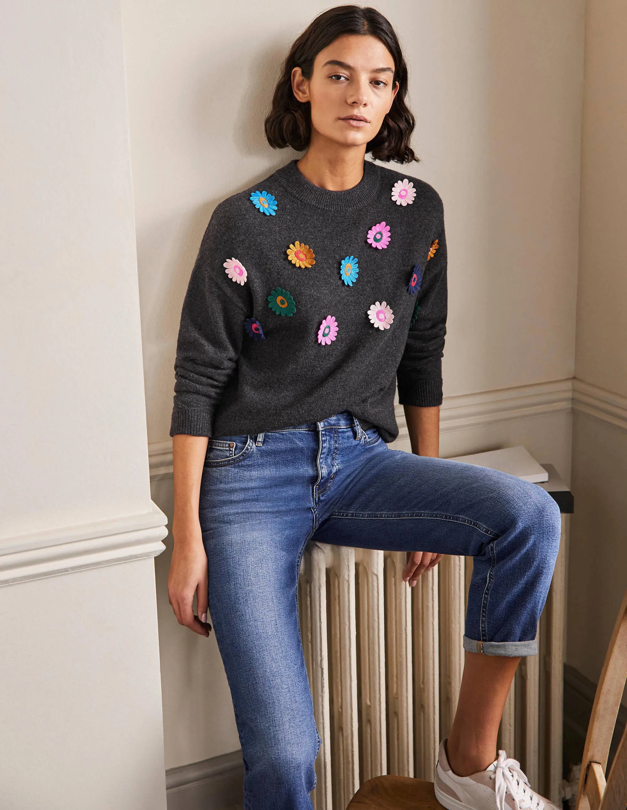 Relaxed Embroidered Jumper-Charcoal Melange, Sunflower