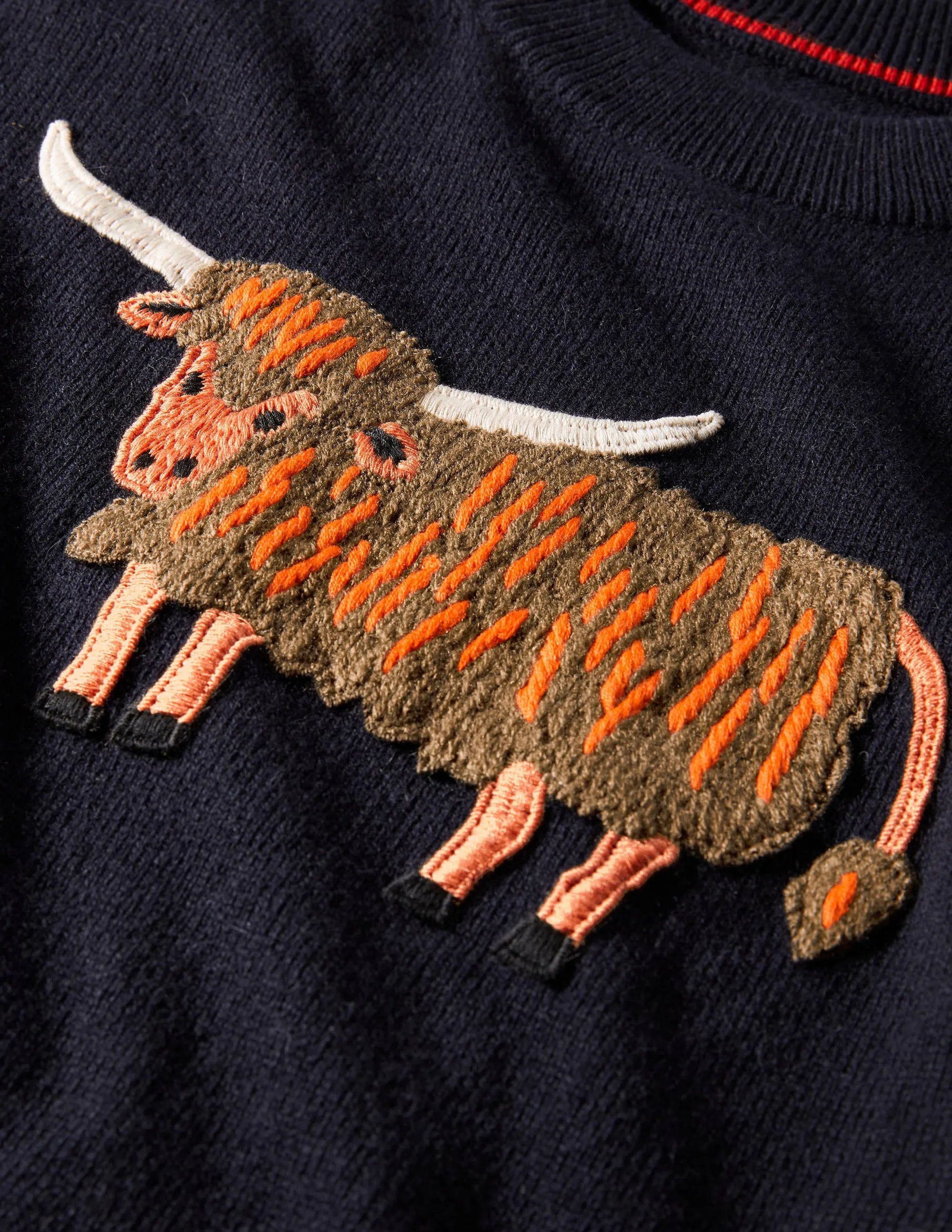 Relaxed Embroidered Jumper-Navy, Highland Cow