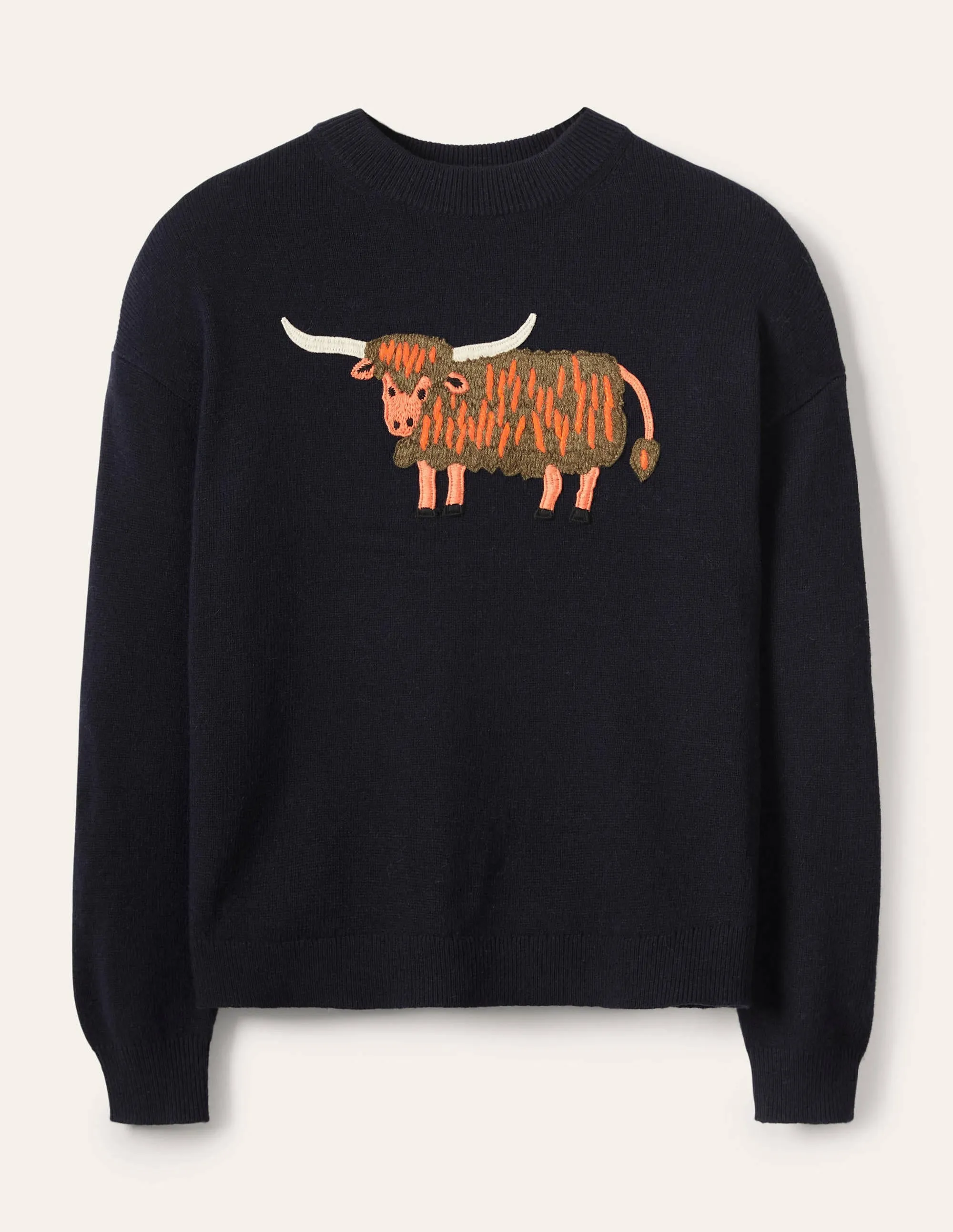 Relaxed Embroidered Jumper-Navy, Highland Cow