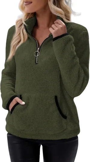 Sherpa 1/4 Zip Pullover Women Fleece Quarter Zip Sweatshirts Lightweight Casual Fluffy Sweaters Fall Winter Clothes