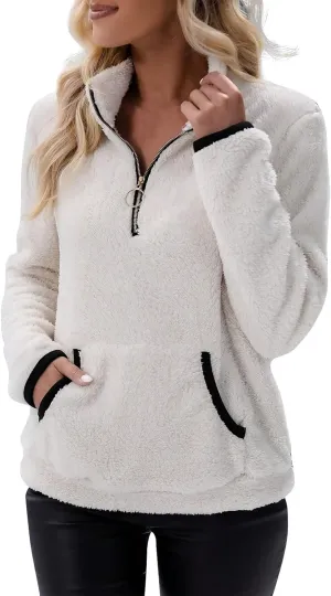 Sherpa 1/4 Zip Pullover Women Fleece Quarter Zip Sweatshirts Lightweight Casual Fluffy Sweaters Fall Winter Clothes