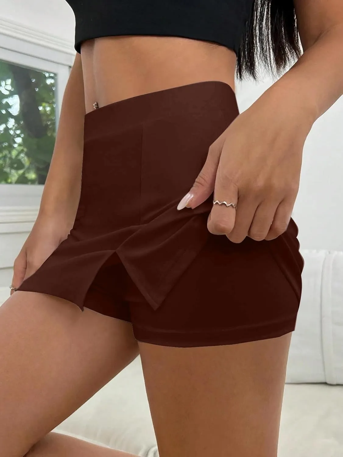 SOFIA'S CHOICE Women's Split Hem Bodycon Mini Skirt High Waist Skort Skirts with Shorts