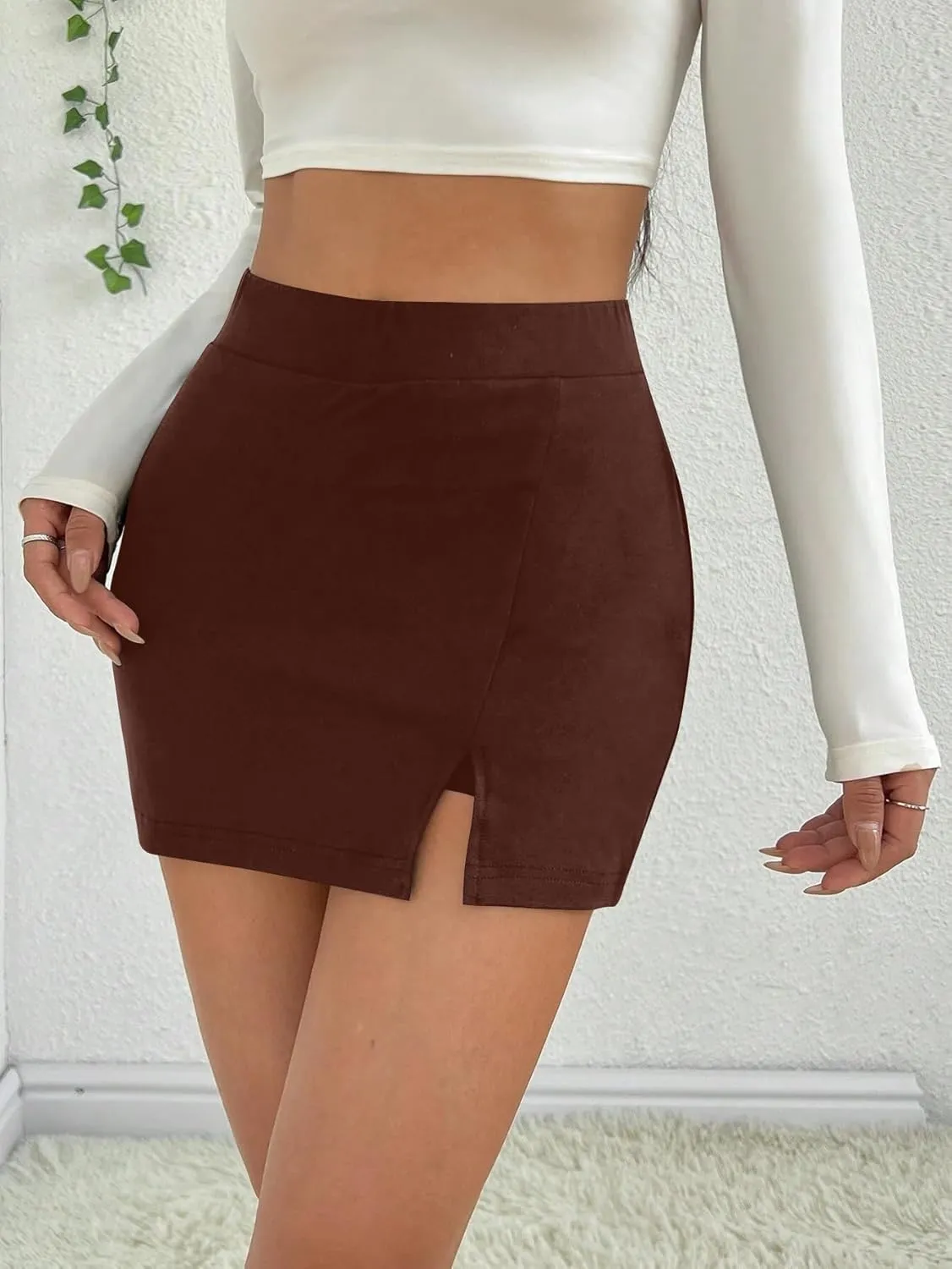 SOFIA'S CHOICE Women's Split Hem Bodycon Mini Skirt High Waist Skort Skirts with Shorts