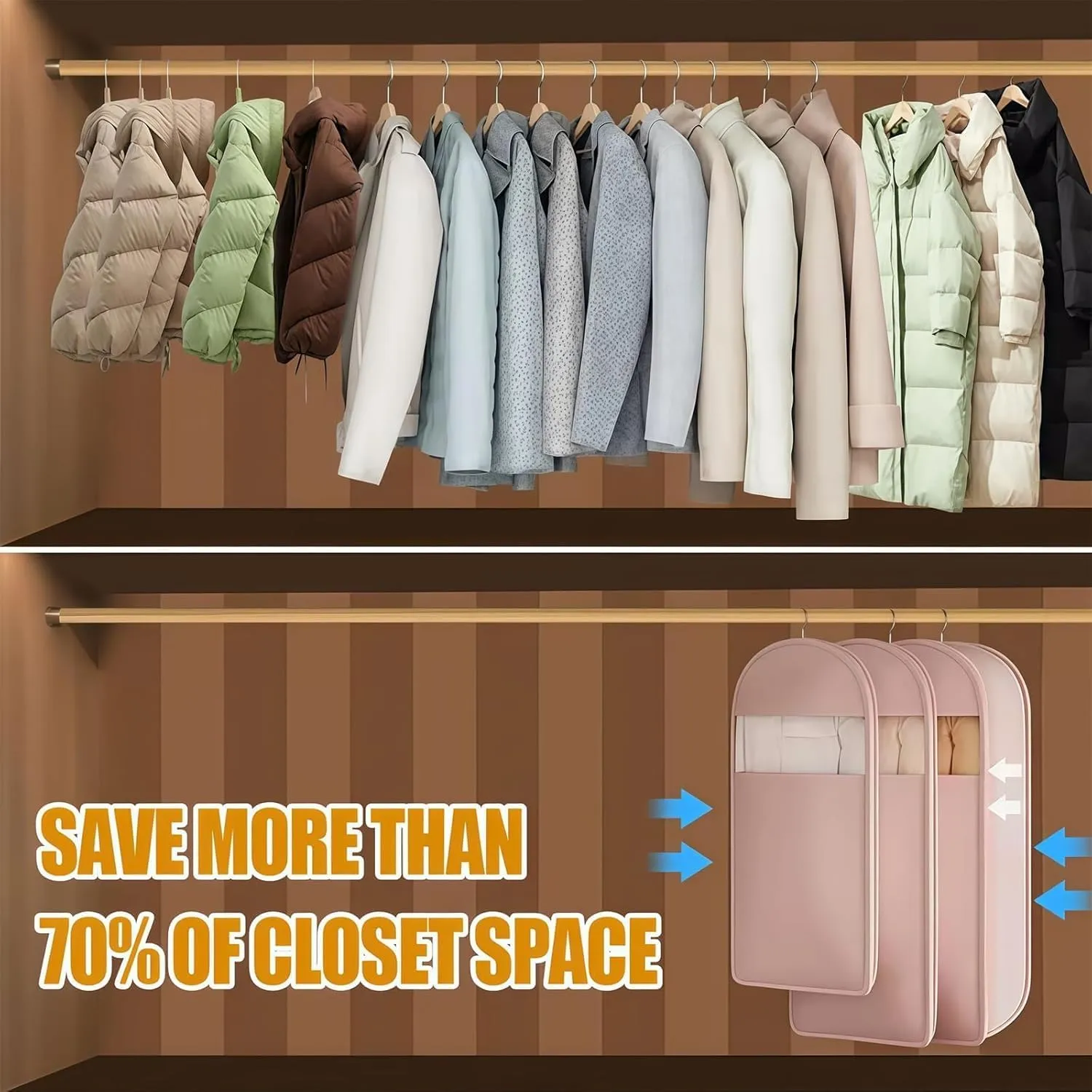 Space Saving Hanging Garment Bag With Self Compression Zipper,Garment Bags for Travel,Dust Cover for Coats Down Jackets, Closet Clothes Organizer with Clear Window (Pink, M*2pcs)