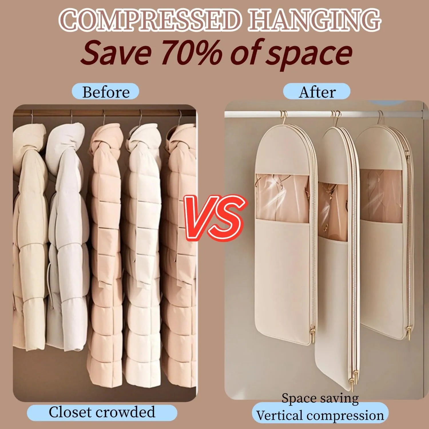 Space Saving Hanging Garment Bag With Self Compression Zipper,Garment Bags for Travel,Dust Cover for Coats Down Jackets, Closet Clothes Organizer with Clear Window (Pink, M*2pcs)