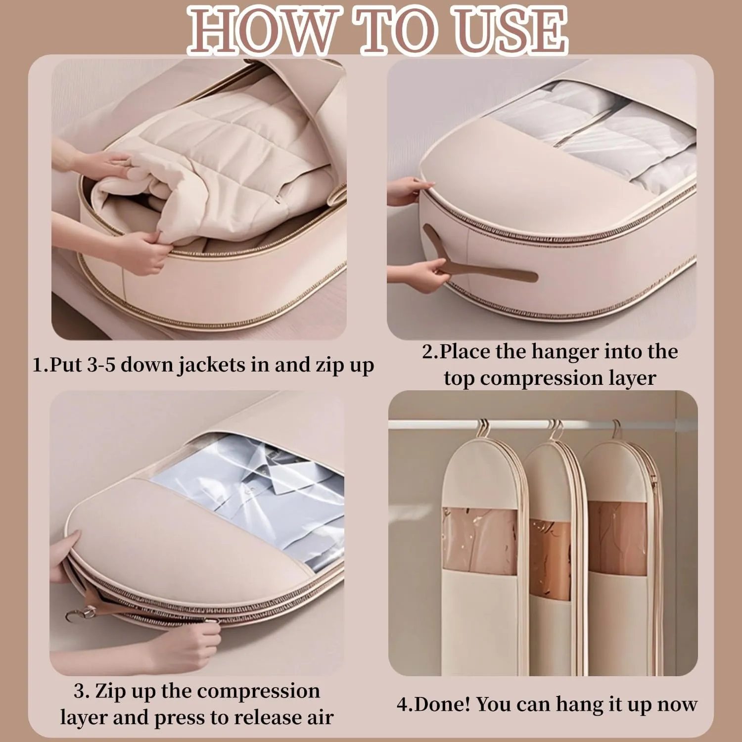 Space Saving Hanging Garment Bag With Self Compression Zipper,Garment Bags for Travel,Dust Cover for Coats Down Jackets, Closet Clothes Organizer with Clear Window (Pink, M*2pcs)