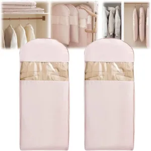 Space Saving Hanging Garment Bag With Self Compression Zipper,Garment Bags for Travel,Dust Cover for Coats Down Jackets, Closet Clothes Organizer with Clear Window (Pink, M*2pcs)