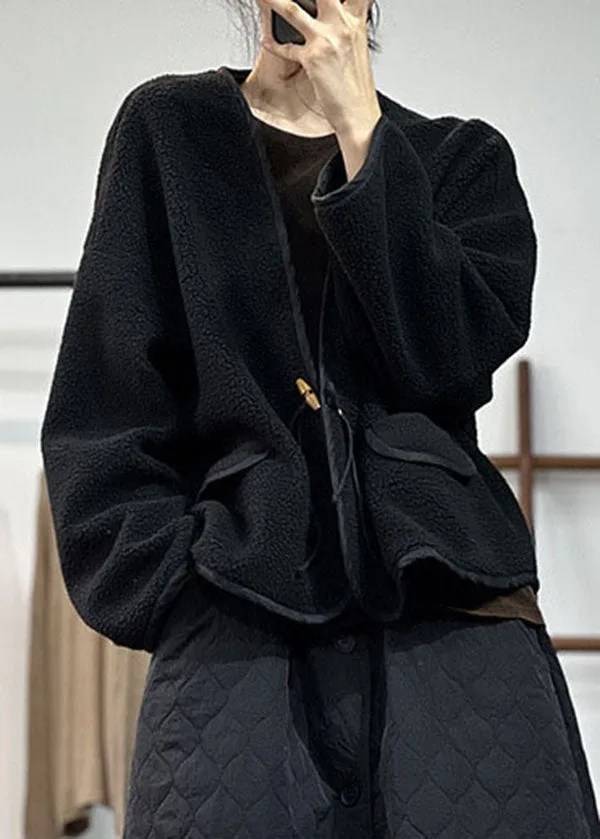 Stylish Black V Neck Pockets Teddy Faux Fur Loose Coats Winter
