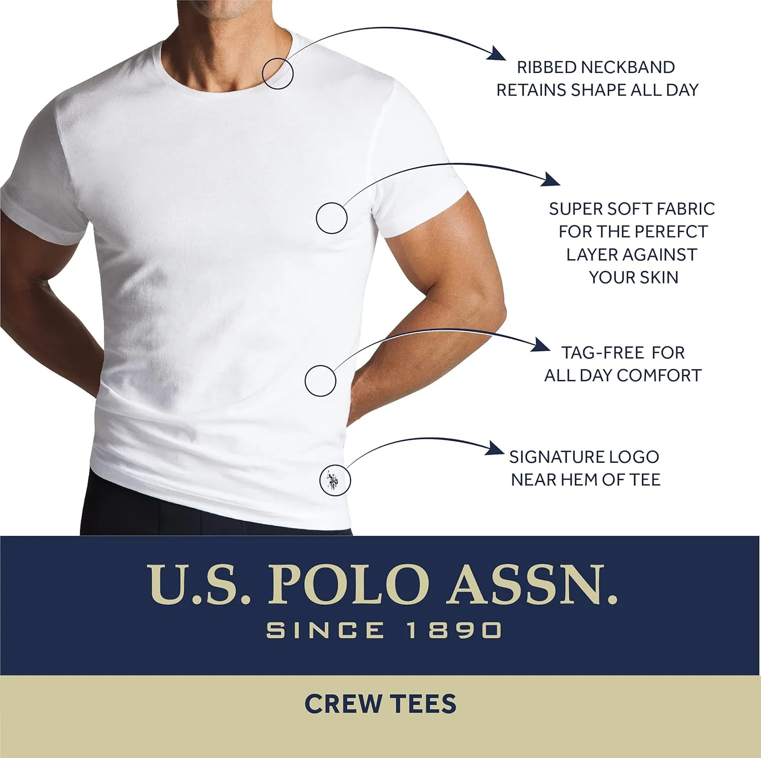 U.S. Polo Assn. Men's Undershirt - 4 Pack Lightweight 100% Cotton Classic Crewneck T-Shirts for Men (Sizes: S-XL)