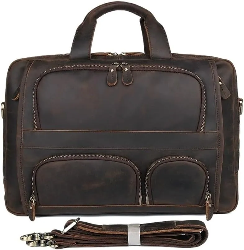 Vintage Distressed Leather Briefcase Men 17 Inch Waterproof Business Travel Vacation Laptop Bag with Shoulder Strap