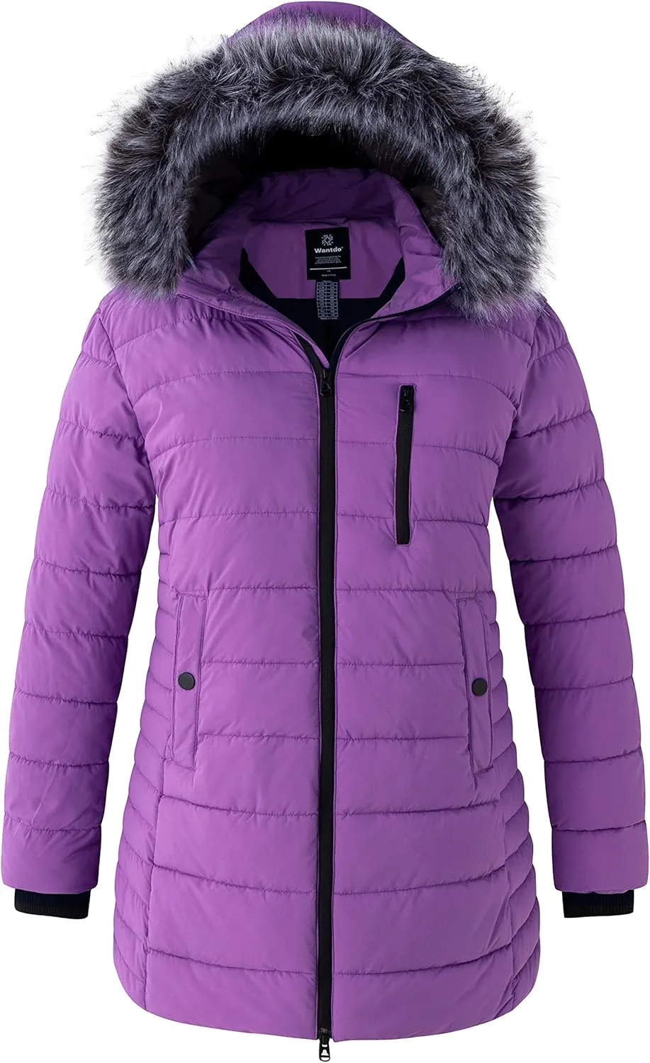 wantdo Women's Plus Size Winter Coats Warm Long Puffer Coat Quilted Parka Jacket with Removable Fur Hood