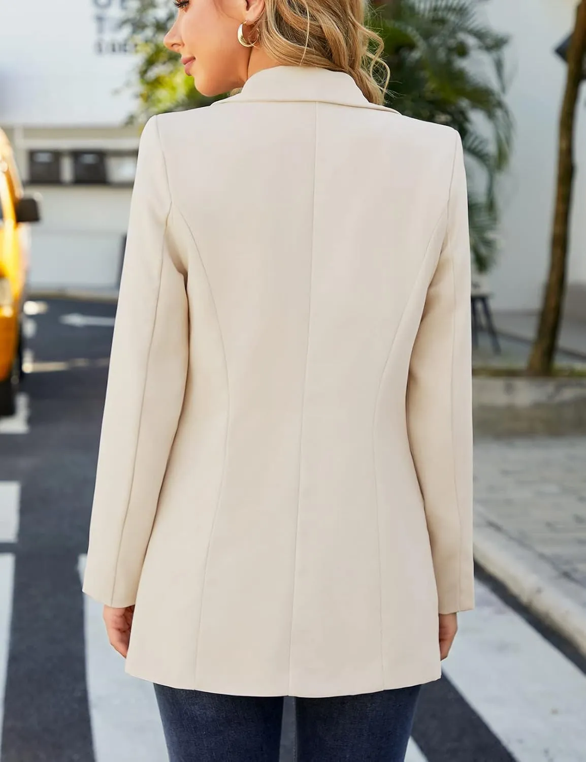 Women Open Front Blazers Long Sleeve Casual OL Office Slim Buttonless Suit Jacket with Pockets