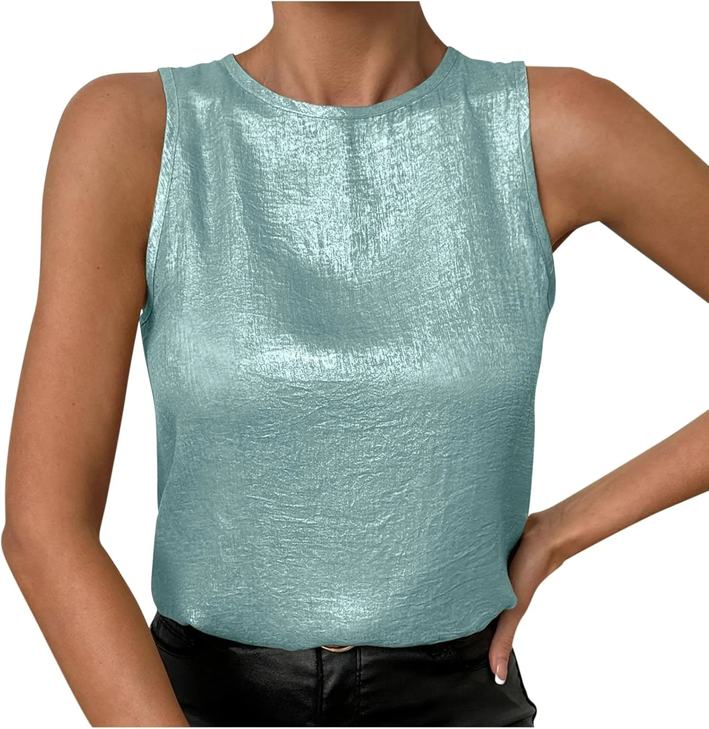 Women Round Neck Metallic Tank Top Sleeveless Shiny Party Club Shirts 2025 Summer Trendy Going Out Blouse