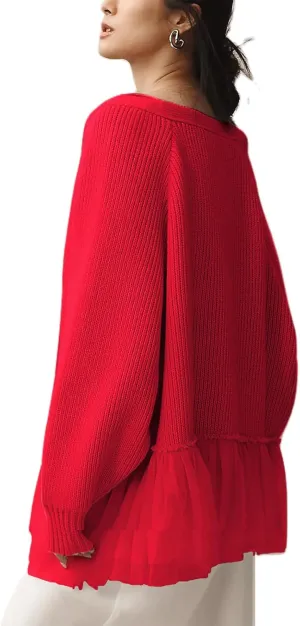 Womens Cardigan Sweaters Y2k Oversized Crochet Knitted Tops Fairy Vintage Soft Tulle Ruffle Ribbed Jacket