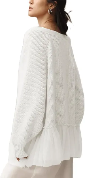 Womens Cardigan Sweaters Y2k Oversized Crochet Knitted Tops Fairy Vintage Soft Tulle Ruffle Ribbed Jacket