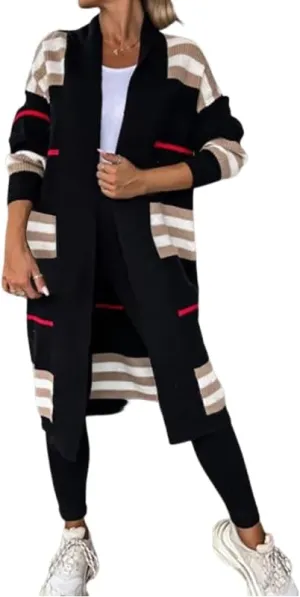 Womens Long Cardigan Sweaters Long Sleeve Striped Color Block Cardigans Open Front Loose Knit Sweaters Coat