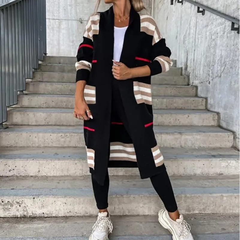 Womens Long Cardigan Sweaters Long Sleeve Striped Color Block Cardigans Open Front Loose Knit Sweaters Coat