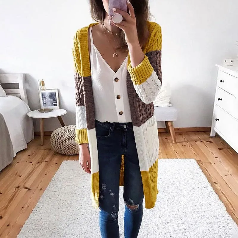 Womens Long Cardigan Sweaters Long Sleeve Striped Color Block Cardigans Open Front Loose Knit Sweaters Coat