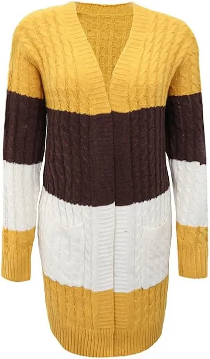 Womens Long Cardigan Sweaters Long Sleeve Striped Color Block Cardigans Open Front Loose Knit Sweaters Coat