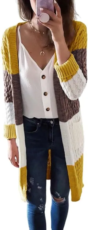 Womens Long Cardigan Sweaters Long Sleeve Striped Color Block Cardigans Open Front Loose Knit Sweaters Coat