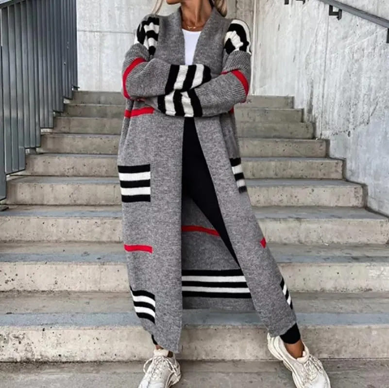 Womens Long Cardigan Sweaters Long Sleeve Striped Color Block Cardigans Open Front Loose Knit Sweaters Coat