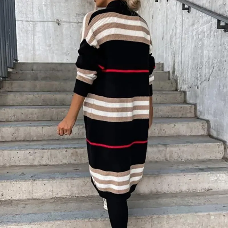 Womens Long Cardigan Sweaters Long Sleeve Striped Color Block Cardigans Open Front Loose Knit Sweaters Coat