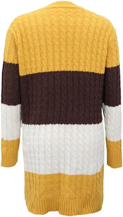 Womens Long Cardigan Sweaters Long Sleeve Striped Color Block Cardigans Open Front Loose Knit Sweaters Coat