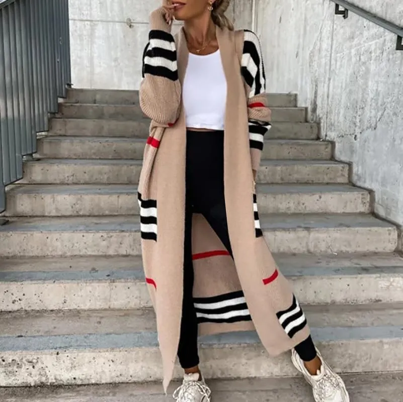 Womens Long Cardigan Sweaters Long Sleeve Striped Color Block Cardigans Open Front Loose Knit Sweaters Coat