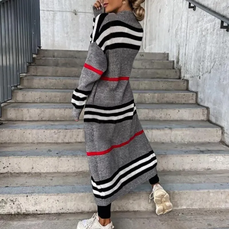 Womens Long Cardigan Sweaters Long Sleeve Striped Color Block Cardigans Open Front Loose Knit Sweaters Coat