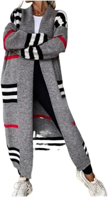 Womens Long Cardigan Sweaters Long Sleeve Striped Color Block Cardigans Open Front Loose Knit Sweaters Coat