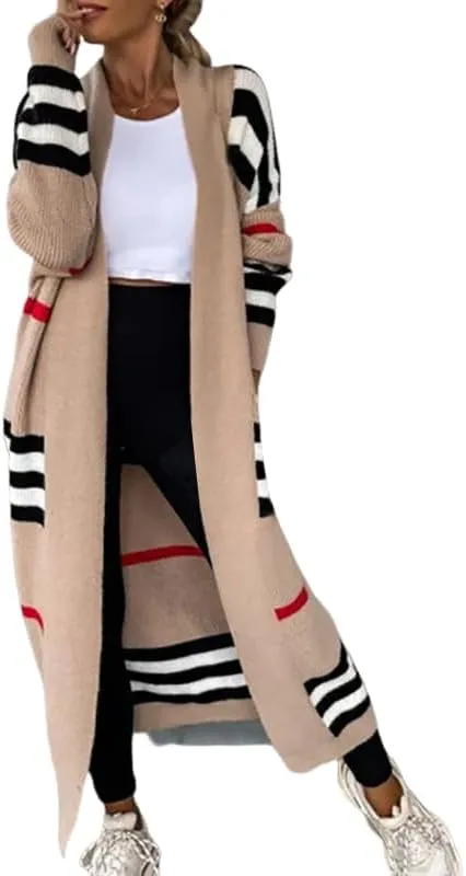 Womens Long Cardigan Sweaters Long Sleeve Striped Color Block Cardigans Open Front Loose Knit Sweaters Coat