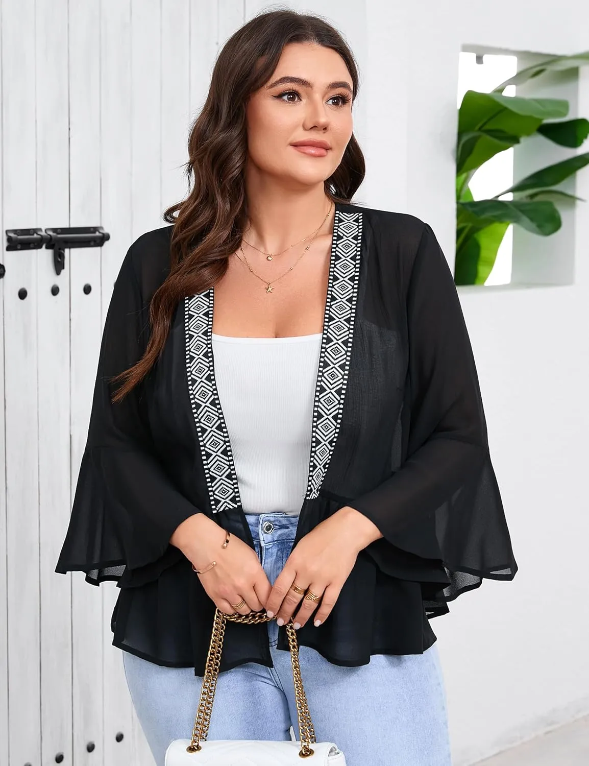 Women's Plus Size Lightweight Chiffon Cardigan Open Front Cover Up Long Sleeve Ruffles Summer Top Flowy Casual Beachwear