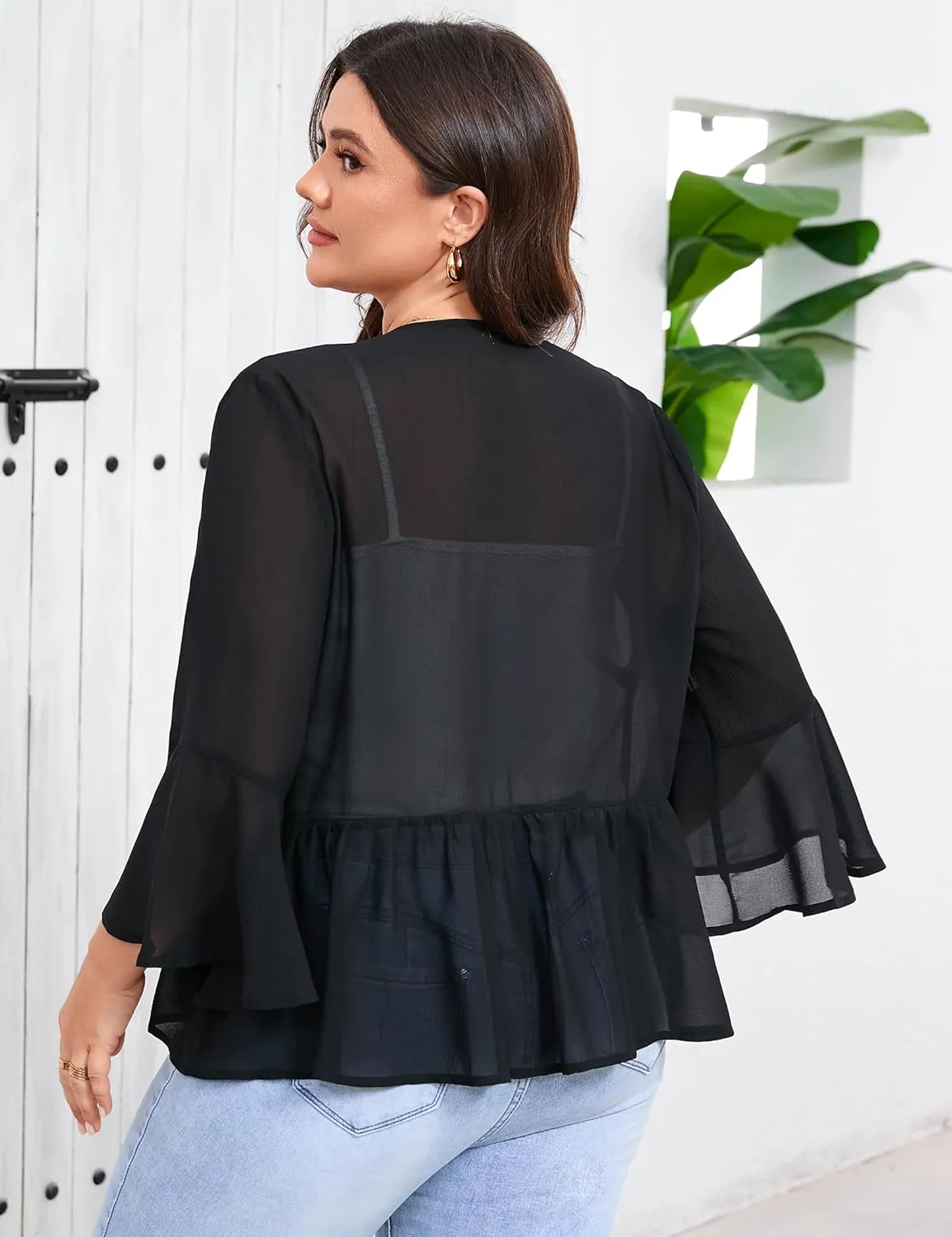 Women's Plus Size Lightweight Chiffon Cardigan Open Front Cover Up Long Sleeve Ruffles Summer Top Flowy Casual Beachwear