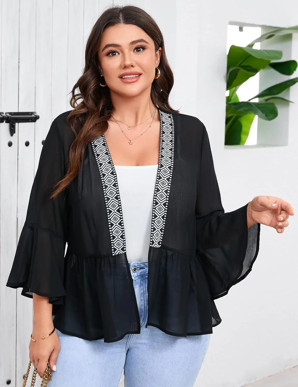 Women's Plus Size Lightweight Chiffon Cardigan Open Front Cover Up Long Sleeve Ruffles Summer Top Flowy Casual Beachwear